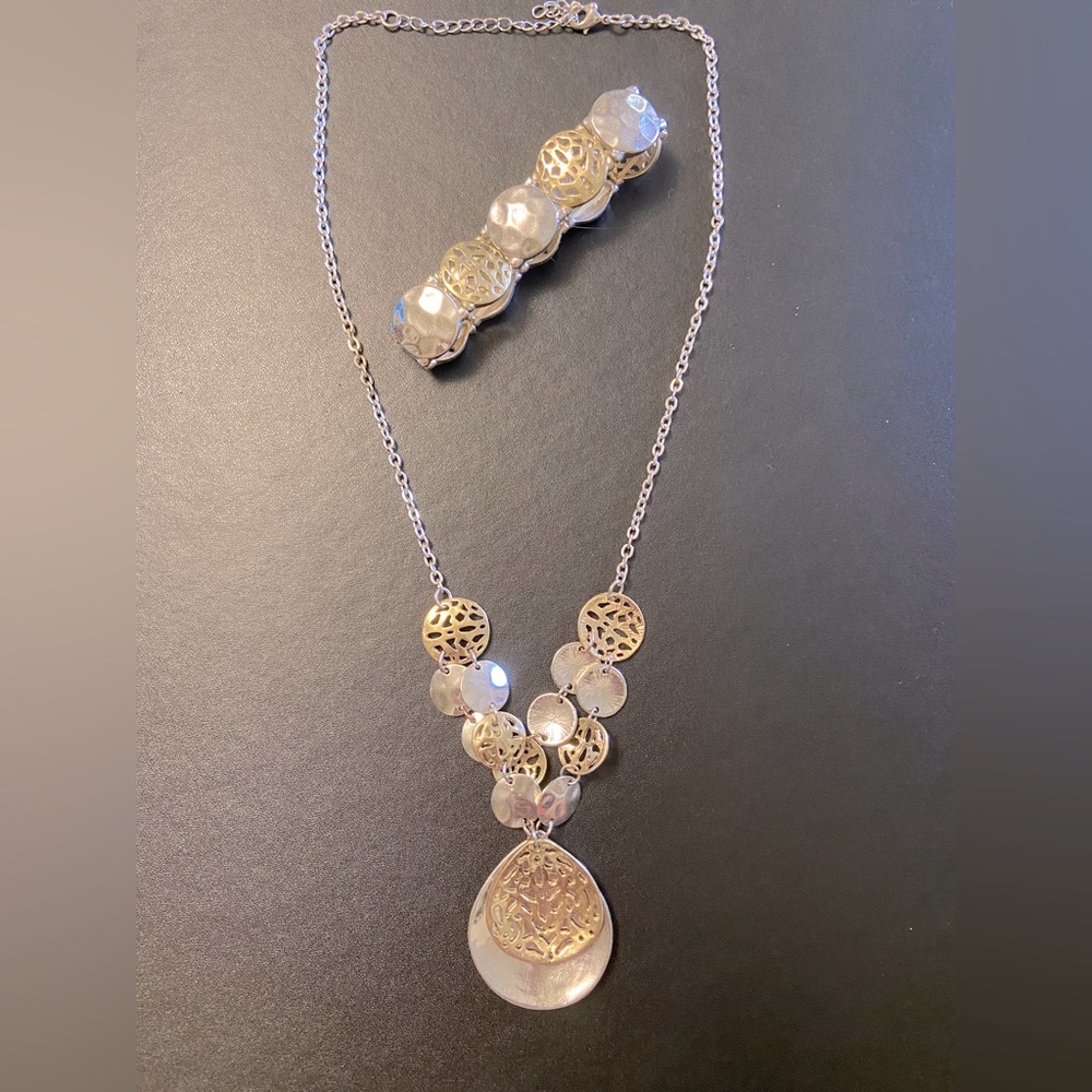 Silver and gold necklace with matching bracelet